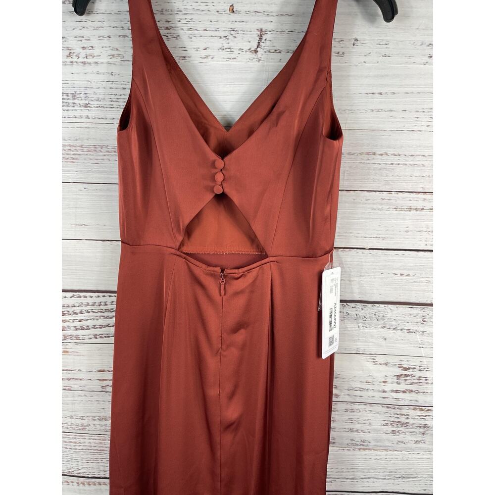 Azazie Dress Women's 4 Rust V Neck Satin Formal Bridesmaid Gown Open Back Slit - Picture 10 of 13